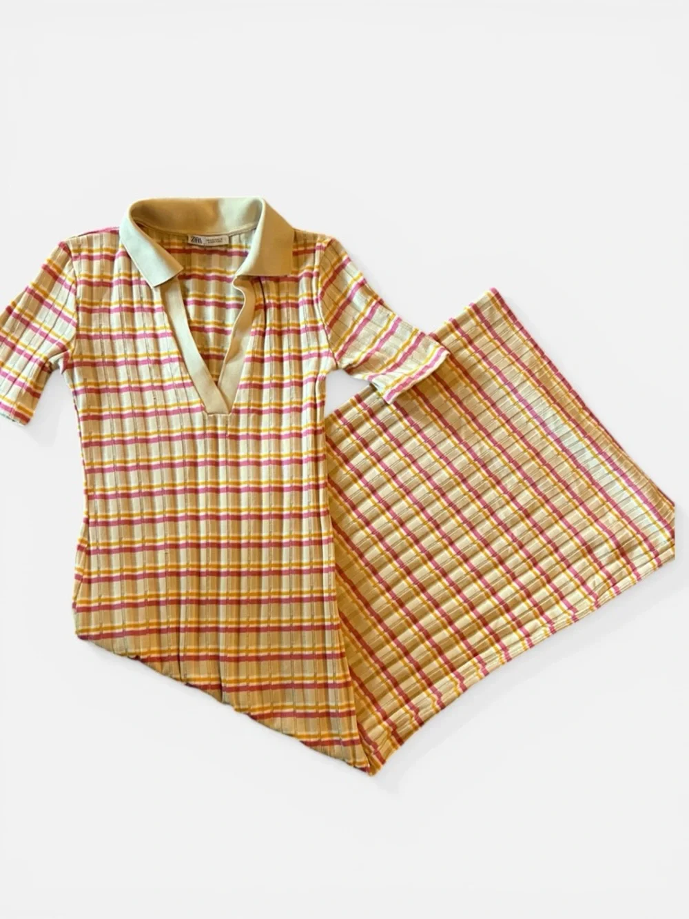 SOLD - Zara Ribbed Knit Striped Midi Dress Polo Collar Yellow Pink Size Small - Picture 3 of 8